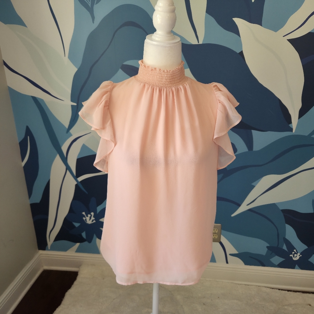 1. State Pink Ruffled Blouse with Mandarin Collar